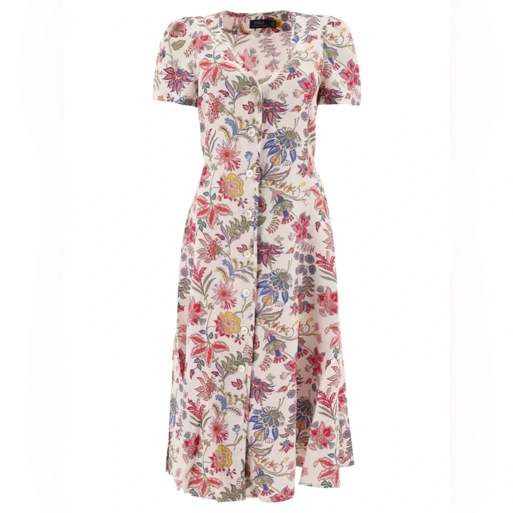 Polo Ralph Lauren Floral 100% Linen V-Neck Midi Dress Pink Elegant 8/M - Picture 9 of 16